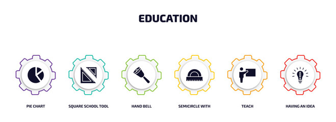 Aufkleber - education infographic element with filled icons and 6 step or option. education icons such as pie ch