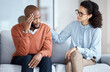 © Rene La/peopleimages.com - Therapy, counselling and mental health support for black man patient on psychologist couch. Person talking to woman therapist about psychology, anxiety and depression or stress for help or support