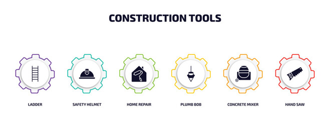 Poster - construction tools infographic element with filled icons and 6 step or option. construction tools icons such as ladder, safety helmet, home repair, plumb bob, concrete mixer, hand saw vector.