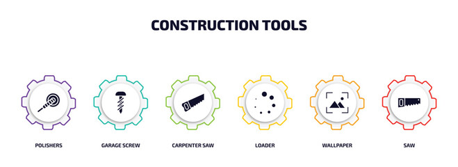 Poster - construction tools infographic element with filled icons and 6 step or option. construction tools icons such as polishers, garage screw, carpenter saw, loader, wallpaper, saw vector.