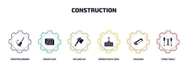 Poster - construction infographic element with filled icons and 6 step or option. construction icons such as sweeping broom, house plan, inclined ax, derrick with load, hacksaw, three tools vector.