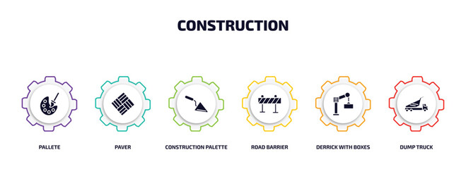 Poster - construction infographic element with filled icons and 6 step or option. construction icons such as pallete, paver, construction palette, road barrier, derrick with boxes, dump truck vector.