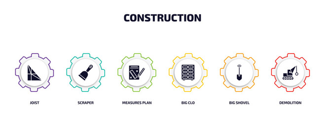 Poster - construction infographic element with filled icons and 6 step or option. construction icons such as joist, scraper, measures plan, big clo, big shovel, demolition vector.
