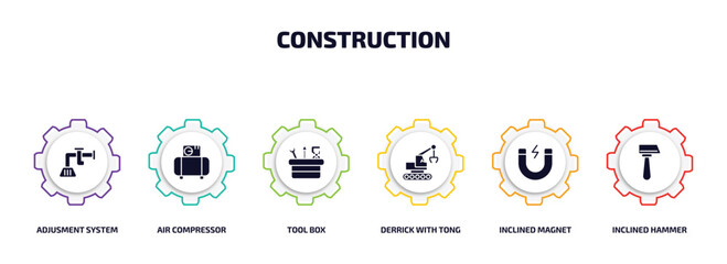 Poster - construction infographic element with filled icons and 6 step or option. construction icons such as adjusment system, air compressor, tool box, derrick with tong, inclined magnet, inclined hammer