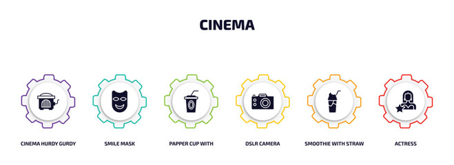 Poster - cinema infographic element with filled icons and 6 step or option. cinema icons such as cinema hurdy gurdy, smile mask, papper cup with straw, dslr camera, smoothie with straw, actress vector.