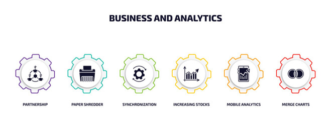 Poster - business and analytics infographic element with filled icons and 6 step or option. business and analytics icons such as partnership, paper shredder, synchronization, increasing stocks, mobile