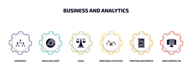 Poster - business and analytics infographic element with filled icons and 6 step or option. business and analytics icons such as hierarchy, circular chart, legal, mortgage statistics, printing documents,