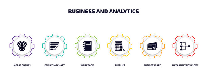 Poster - business and analytics infographic element with filled icons and 6 step or option. business and analytics icons such as merge charts, depleting chart, workbook, supplies, business card, data