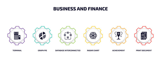 Poster - business and finance infographic element with filled icons and 6 step or option. business and finance icons such as terminal, graph pie, database interconnected, radar chart, achievement, print