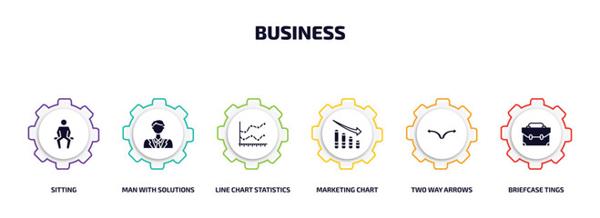 Poster - business infographic element with filled icons and 6 step or option. business icons such as sitting, man with solutions, line chart statistics, marketing chart, two way arrows, briefcase tings