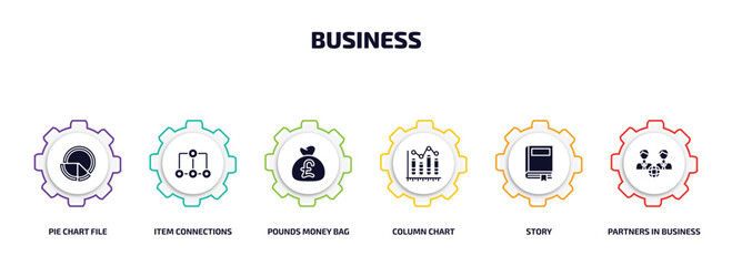 Poster - business infographic element with filled icons and 6 step or option. business icons such as pie chart file, item connections, pounds money bag, column chart, story, partners in business vector.