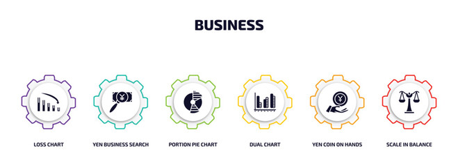 Poster - business infographic element with filled icons and 6 step or option. business icons such as loss chart, yen business search, portion pie chart, dual chart, yen coin on hands, scale in balance