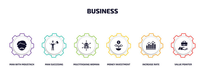 Poster - business infographic element with filled icons and 6 step or option. business icons such as man with