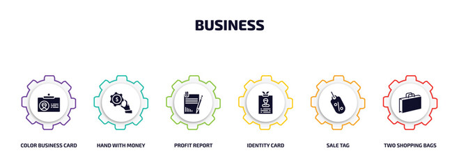 Poster - business infographic element with filled icons and 6 step or option. business icons such as color business card, hand with money gear, profit report, identity card, sale tag, two shopping bags