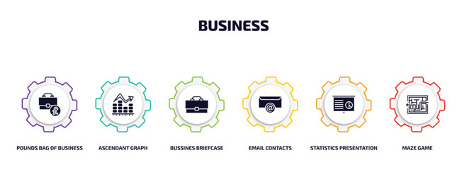 Poster - business infographic element with filled icons and 6 step or option. business icons such as pounds bag of business, ascendant graph, bussines briefcase, email contacts, statistics presentation, maze