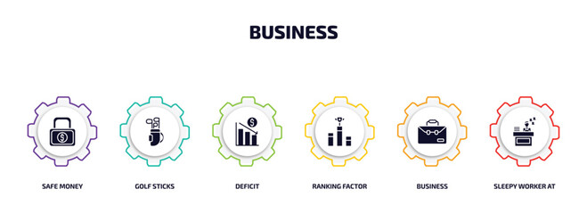 Poster - business infographic element with filled icons and 6 step or option. business icons such as safe money, golf sticks, deficit, ranking factor, business, sleepy worker at work vector.