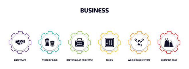 Aufkleber - business infographic element with filled icons and 6 step or option. business icons such as cooperat