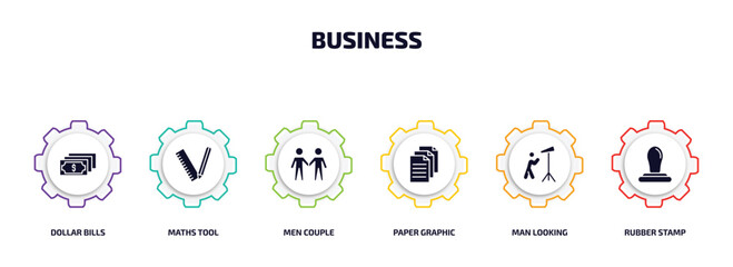 Poster - business infographic element with filled icons and 6 step or option. business icons such as dollar bills, maths tool, men couple, paper graphic, man looking, rubber stamp vector.