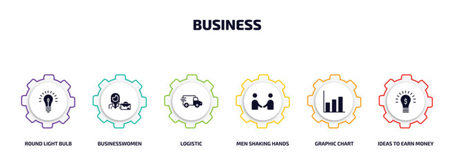 Poster - business infographic element with filled icons and 6 step or option. business icons such as round light bulb, businesswomen, logistic, men shaking hands, graphic chart, ideas to earn money vector.