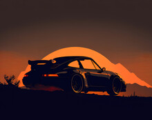 2D Painting Of A Porsche 993 Sports Car In Race Rally In The Evening