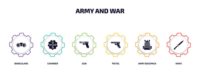 Poster - army and war infographic element with filled icons and 6 step or option. army and war icons such as 