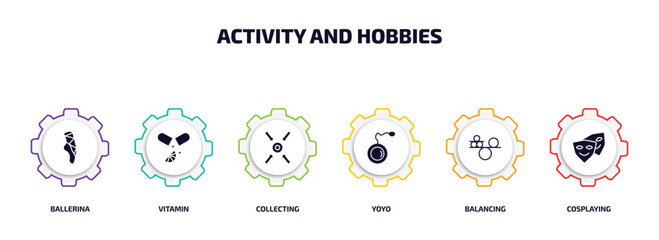 Poster - activity and hobbies infographic element with filled icons and 6 step or option. activity and hobbie