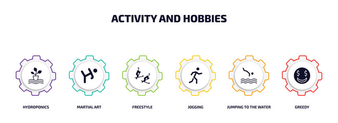 Poster - activity and hobbies infographic element with filled icons and 6 step or option. activity and hobbies icons such as hydroponics, martial art, freestyle, jogging, jumping to the water, greedy vector.