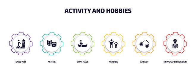 Aufkleber - activity and hobbies infographic element with filled icons and 6 step or option. activity and hobbies icons such as sand art, acting, boat race, aerobic, arrest, newspaper readign vector.