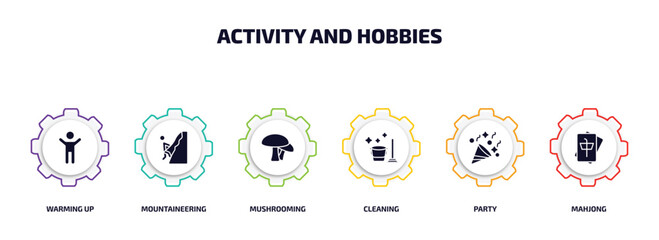 Poster - activity and hobbies infographic element with filled icons and 6 step or option. activity and hobbie
