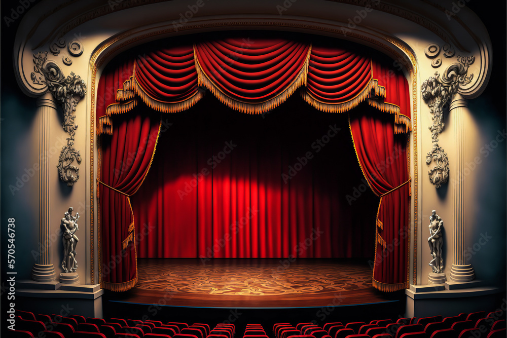 Elegant traditional theater stage with red velvet curtain and seats. To ...