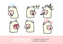 A Set Of Cute Alpaca Emojis Showing Sleep, Pleading, Partying, And Crying, Isolated On A Background Vector Illustration.
