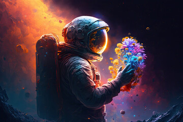 a man in a astronaut suit holding flowers, generative AI