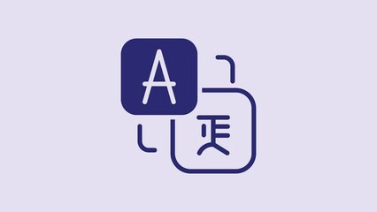 Poster - Blue Translator icon isolated on purple background. Foreign language conversation icons in chat speech bubble. Translating concept. 4K Video motion graphic animation