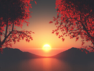 Wall Mural - 3d japanese maple trees against a sunset sea landscape