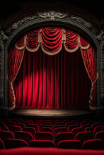 Typical Theater Poster With An Elegant Red Curtain And A Stage. A Perfect Image For Theatrical Projects Highlighting The Historical And Moving Atmosphere. Generative AI