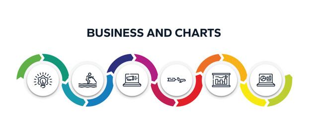 Aufkleber - business and charts outline icons with infographic template. thin line icons such as creative plan, water ski, laptop computer, aerial advertising, graphical report, statistics on screen vector.