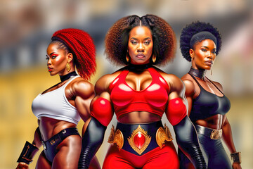 Surreal illustration of black muscular female fighters in modern sportswear, made with generative AI