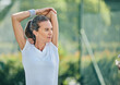 © Delcio/peopleimages.com - Tennis, mock up and stretching with a sports woman on a court for a warm up before her competitive game. Sport, fitness and training with a senior female athlete getting ready for a practice match