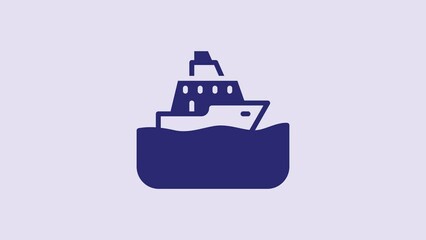 Sticker - Blue Cruise ship icon isolated on purple background. Travel tourism nautical transport. Voyage passenger ship, cruise liner. Worldwide cruise. 4K Video motion graphic animation