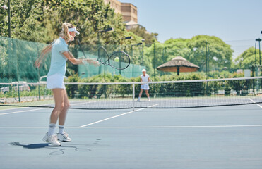 Canvas Print - Tennis court, sports match and women outdoor for fitness, exercise and training for competition. Athlete person hit ball at club for game performance for health and wellness with summer cardio action