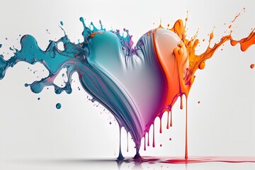 Sticker - Liquid heart made of colorful bright paint splash. Liquid motion flow in shape of heart for valentines day, romantic symbol