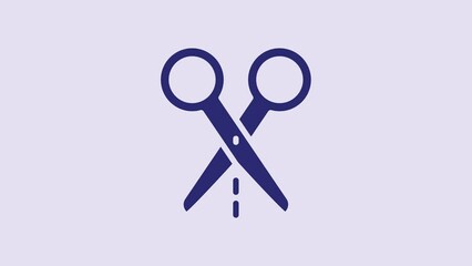 Poster - Blue Scissors with cut line icon isolated on purple background. Tailor symbol. Cutting tool sign. 4K Video motion graphic animation