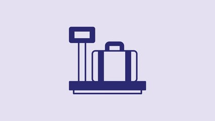 Poster - Blue Scale with suitcase icon isolated on purple background. Logistic and delivery. Weight of delivery package on a scale. 4K Video motion graphic animation