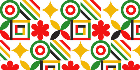 Poster - Modern shape mosaic vector  illustration. Trendy retro style seamless geometric pattern, colorful shapes (lines, stars, circles, flowers), creative geometry concept design.