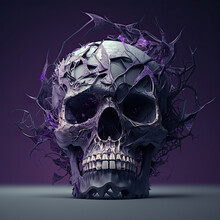 Detailed Artwork Of Human Skull With Flowers And Thorns. Generative AI