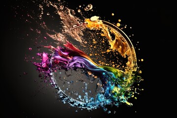 Wall Mural - Abstract circle liquid motion flow explosion. Curved wave colorful pattern with paint drops on black background