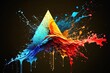Abstract triangular prism crystal with colorful paint explosions drops and flow motions on dark background.