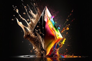 Wall Mural - Abstract triangular prism crystal with colorful paint explosions drops and flow motions on dark background.