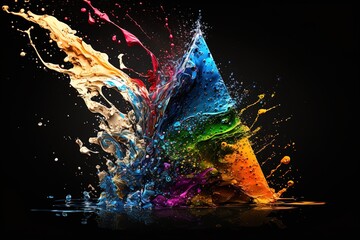 Wall Mural - Abstract triangular prism crystal with colorful paint explosions drops and flow motions on dark background.