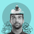 © C Malambo/peopleimages.com - Thinking graphic, mind and man with psychology, mental health and balance of ideas, healing and meditation. Insight, art collage and creative person isolated on studio background of ideas or meditate